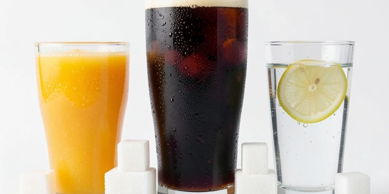 Drei Gläser nebeneinander – Orangensaft (200ml), Cola (330ml), Wasser mit Zitronenscheibe. Beschriftung: Zuckergehalt je Glas in Gramm, visuell als Zuckerwürfel dargestellt