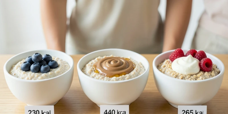 Drei Haferbrei-Varianten nebeneinander: 1. Pur mit 100 g Blaubeeren (ca. 230 kcal), 2. Mit 1 EL Nussbutter + 1 EL Honig (ca. 440 kcal), 3. Mit 100 g Magerquark + 50 g Himbeeren (ca. 265 kcal) – Kalorienangaben als Beschriftung