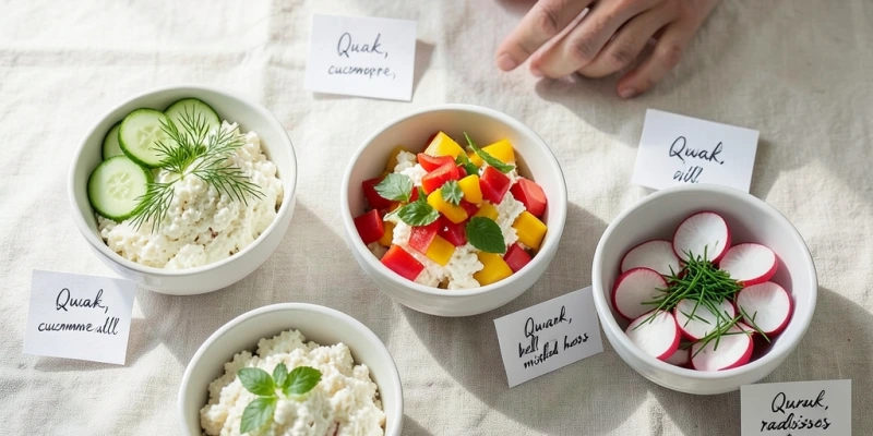 Drei herzhafte Quark-Varianten als Abendmahlzeit – z. B. mit Gurke und Dill, mit Paprika und Kräutern, mit Radieschen und Schnittlauch – als Foto-Collage mit kurzen Zutatenlisten