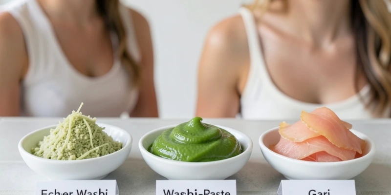 Drei kleine Schälchen nebeneinander: frisch geriebener echter Wasabi (hellgrün, leicht faserig), handelsübliche Wasabi-Paste (intensiv grün, glatt) und Gari (rosafarbener Ingwer in dünnen Scheiben) – mit Beschriftung