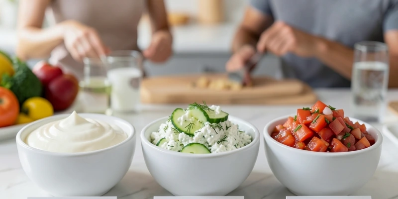 Drei kleine Schälchen nebeneinander: Mayonnaise (weiß, cremig), Tzatziki (mit Gurke), Tomaten-Salsa – mit Kalorien-Label pro 30g: ~200 kcal / ~20 kcal / ~15 kcal