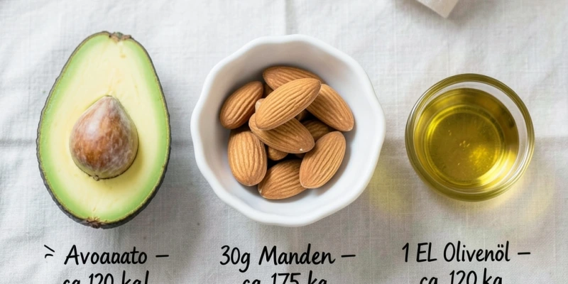 Drei Lebensmittel nebeneinander mit Mengenangabe: ½ Avocado (~120 kcal), 30 g Mandeln (~175 kcal), 1 EL Olivenöl (~120 kcal) – alle reich an Ölsäure, alle mit konkreter Portionsgröße beschriftet