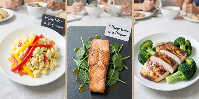 Drei Low-Carb-Mahlzeitbeispiele nebeneinander – Frühstück: Rührei mit Paprika, Mittagessen: Lachs auf Spinat mit Olivenöl, Abendessen: Hähnchenbrust mit Brokkoli – jeweils mit Proteinangabe pro Portion