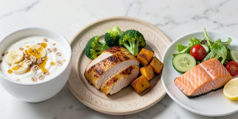 Drei Mahlzeiten nebeneinander fotografiert – Frühstück mit Joghurt und Hafer, Mittagessen mit Hähnchen und Gemüse, Abendessen mit Lachs und Salat – als visuelle Orientierung für eine Fatburner-Mischkost-Tag