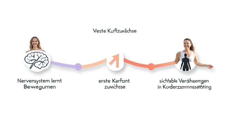 Drei-Monats-Zeitstrahl mit Meilensteinen: Woche 1–3 „Nervensystem lernt Bewegungen", Woche 4–6 „erste Kraftzuwächse", Woche 8–12 „sichtbare Veränderungen in Körperzusammensetzung"