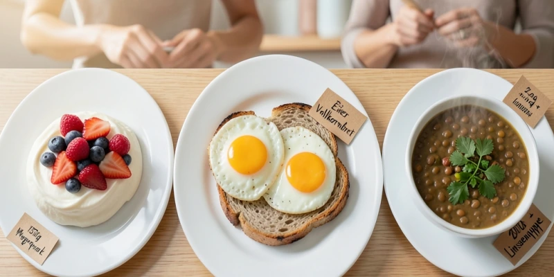 Drei nebeneinanderstehende Teller mit je einer Proteinquelle: links 150g Magerquark mit Beeren, Mitte 2 Eier auf Vollkornbrot, rechts 200g Linsensuppe – jeweils mit Grammangabe beschriftet