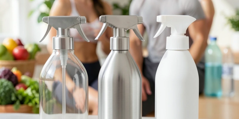 Drei Ölsprüher nebeneinander – Glas, Edelstahl, Plastik – mit sichtbarem Unterschied in Materialqualität und Sprühkopfdesign