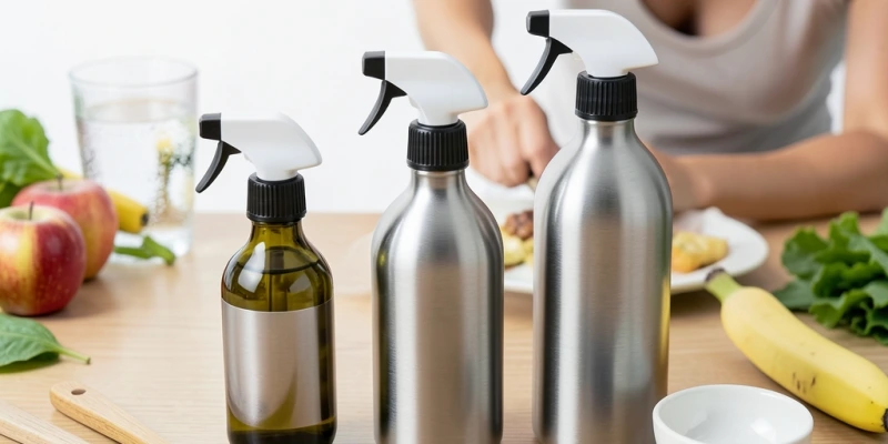 Drei Ölsprüher nebeneinander in unterschiedlichen Größen – 100 ml, 250 ml und 500 ml – auf einer Küchenarbeitsfläche, Größenvergleich durch Küchenutensilien