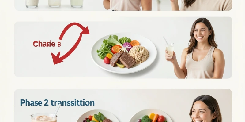 Drei-Phasen-Schaubild der Almased-Diät: Phase 1 (drei Shakes), Phase 2 (zwei Shakes + eine Mahlzeit), Phase 3 (ein Shake + zwei Mahlzeiten) – mit Pfeil, der auf Phase 2 zeigt als kritischen Übergang