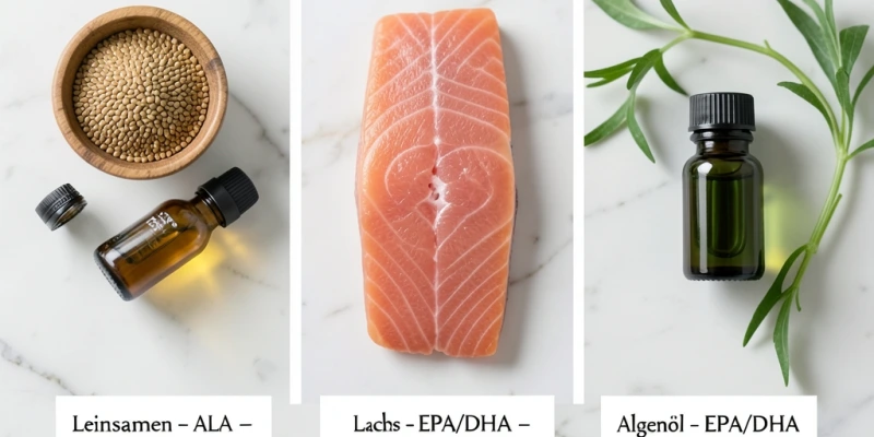 Drei Quellen nebeneinander – Leinsamen (ALA), Lachs (EPA/DHA), Algenöl (EPA/DHA) – mit kurzem Label unter jedem Bild, das die jeweilige Fettsäure und ihre Hauptwirkung benennt
