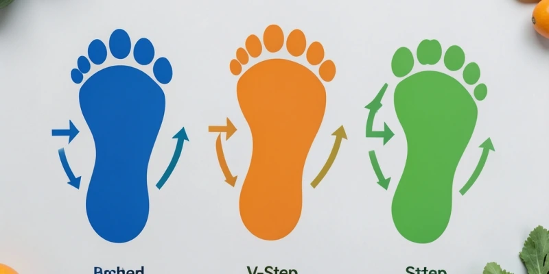 Drei Schrittmuster von oben als Draufsicht: Grundschritt, V-Step und Seitschritt – Pfeile zeigen Bewegungsrichtung der Füße