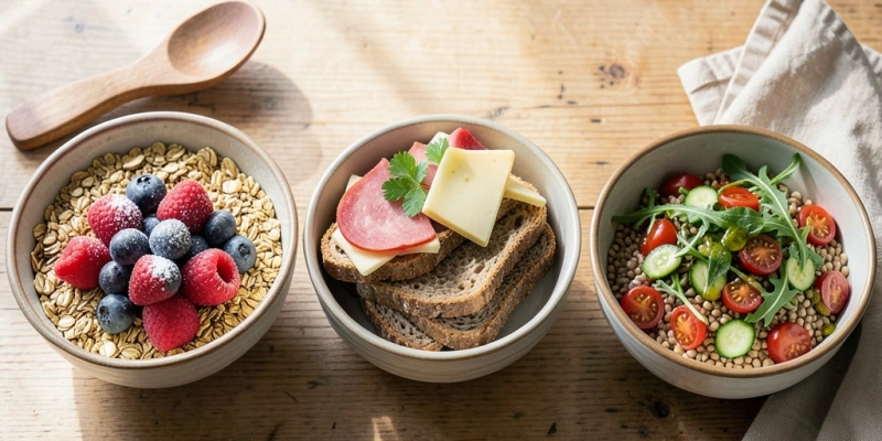 Drei Schüsseln im Vergleich: Dinkelflocken mit Beeren, Dinkelvollkornbrot mit Aufschnitt, Dinkelkörner als Basis für einen warmen Salat – Alltagsanwendungen auf einen Blick