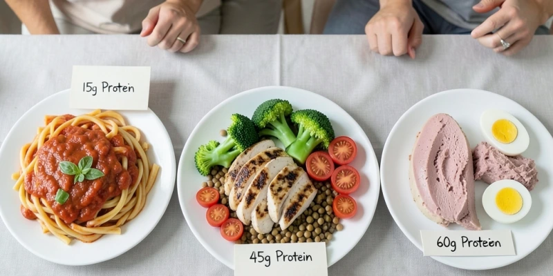 Drei Teller nebeneinander: Teller 1 zeigt eine typische Mischkost (Pasta, Sauce, wenig Protein), Teller 2 eine eiweißreiche Ernährung (Hähnchen, Gemüse, Hülsenfrüchte), Teller 3 eine strenge Eiweißdiät (Hähnchenbrust, Thunfisch, Ei – kaum Beilagen). Beschriftung zeigt grob den Proteinanteil in Gramm.