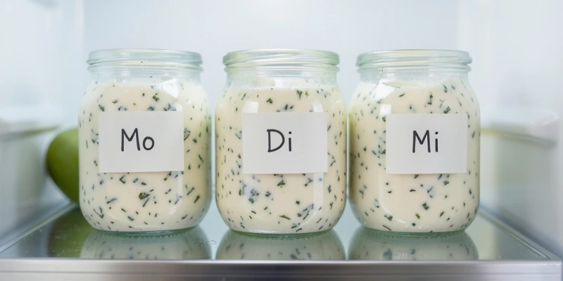 Drei verschlossene Gläser mit fertig zubereitetem Kräuterquark nebeneinander im Kühlschrank – sichtbar beschriftet mit den Wochentagen Mo, Di, Mi – als Meal-Prep-Beispiel