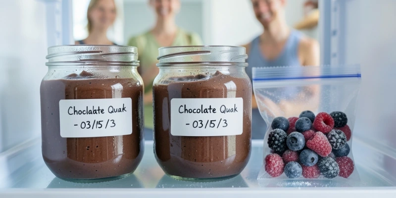 Drei verschlossene Gläser mit vorbereitetem Magerquark-Schoko-Mix im Kühlschrank – beschriftet mit Datum und Inhalt, daneben ein kleiner Beutel TK-Beeren