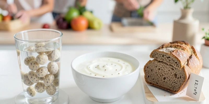 Drei Verwendungsvarianten nebeneinander – Glas mit Wasser und Flohsamenschalen (gequollen), Joghurt mit Flohsamenschalen untergemischt, Brotscheibe aus Flohsamenschalen-Rezept – je mit Mengenangabe: „1 TL = ca. 5 g"