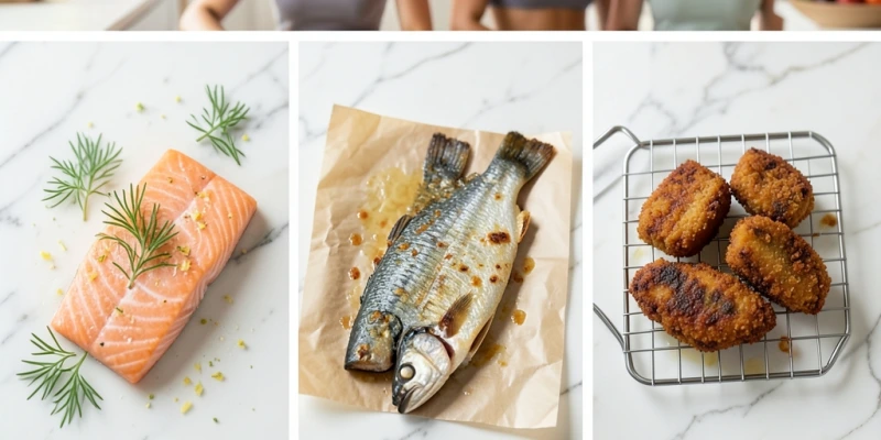 Drei Zubereitungsarten im Vergleich – gedünsteter Lachs, gebackener Hering, frittierter Fisch – mit kurzer Beschriftung zum Omega-3-Erhalt