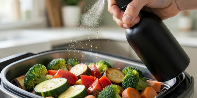 Ein Airfryer-Korb mit gleichmäßig gebräunten Gemüsestücken, besprüht mit Ölsprüher – keine Ölpfützen, gleichmäßige Verteilung sichtbar