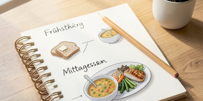 Ein einfacher Tageplan auf einem Notizbuch: Frühstück, Mittagessen, Abendessen mit Brot-Mahlzeiten und einem warmen Mittag – als Illustration für Struktur ohne Verbote