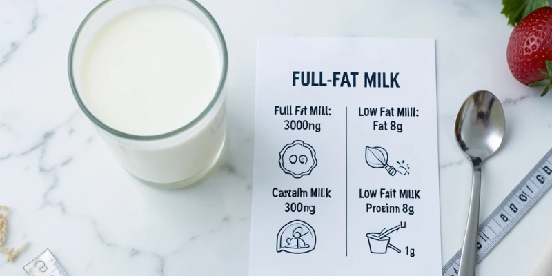 Ein Glas Vollmilch (200 ml) neben einer Nährwerttabelle – sichtbar: Kalzium, Protein, Fettgehalt im direkten Vergleich zu fettarmer Milch