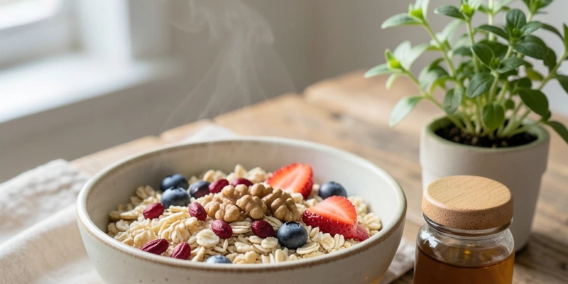 Ein kleines Müslischälchen mit Haferflocken, getrockneten Goji-Beeren, Nüssen und frischen Beeren – Darstellung als Teil einer vielfältigen Mahlzeit, nicht als Einzelzutat im Fokus