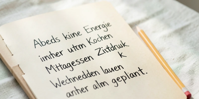 Ein Notizbuch mit handschriftlicher Liste – drei kurze, konkrete Sätze, die ein spezifisches Ernährungsproblem beschreiben, z.B. „Abends keine Energie zum Kochen", „Mittagessen immer unter Zeitdruck", „Wochenenden laufen anders als geplant"