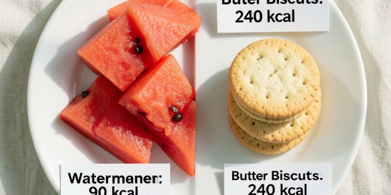 Ein Teller mit 300 g Wassermelonenstücken (ca. 90 kcal) neben einer Handvoll Butterkekse (ca. 180 kcal, ca. 45 g) – beide beschriftet, um den Sättigungs-Kalorien-Unterschied zu verdeutlichen.