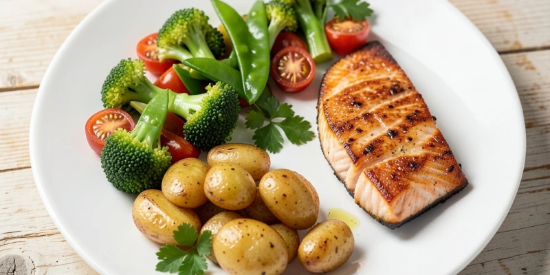 Ein Teller mit sichtbarem Aufbau – ein Viertel Protein (z. B. Fisch), ein Viertel Kohlenhydrate (z. B. Kartoffeln), eine Hälfte Gemüse. Keine Waage, kein Zählen – visuelle Orientierung für Portionsbalance.