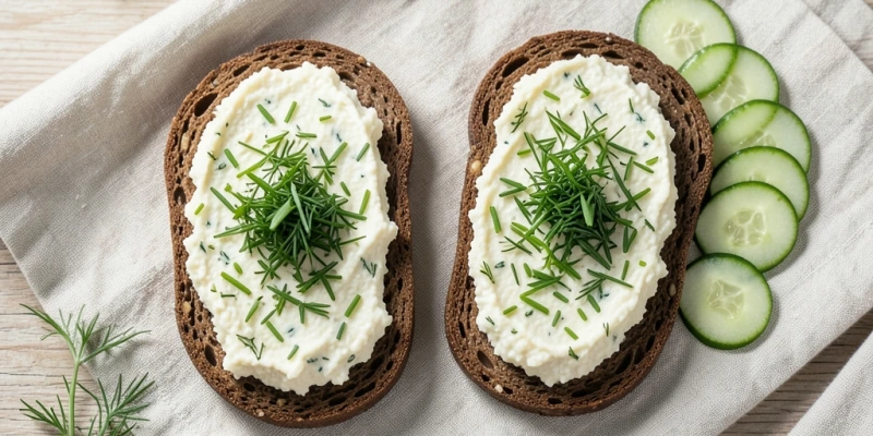 Ein Teller mit zwei Roggenknäckebroten, bestrichen mit herzhaftem Kräuterquark (erkennbare Kräuterstücke), daneben Gurkenscheiben – als Beispiel für eine proteinreiche Zwischenmahlzeit unter 200 kcal.