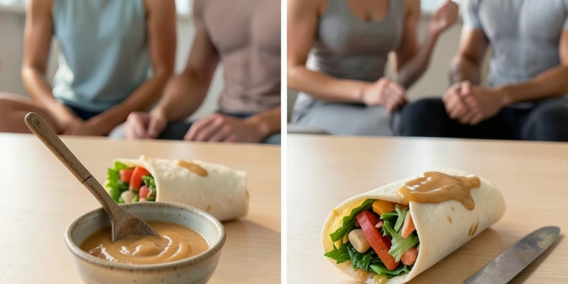 Ein Wrap neben einer kleinen Schüssel mit Sauce zum Dippen – im Vergleich zu einem Wrap, in den die Sauce direkt gestrichen wurde. Zeigt die Mengenunterschiede visuell.