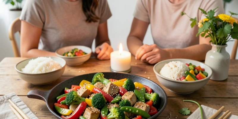 Eine gemeinsame Pfanne mit Gemüse-Wok in der Mitte des Tisches, daneben zwei Schalen – eine mit mehr Reis, eine mit mehr Gemüse – beide Teller sind gefüllt, keine Hungerportion sichtbar