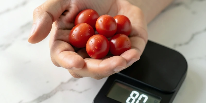 Eine geöffnete Hand mit einer Handvoll Kirschtomaten – daneben eine Waage, die 80 Gramm anzeigt