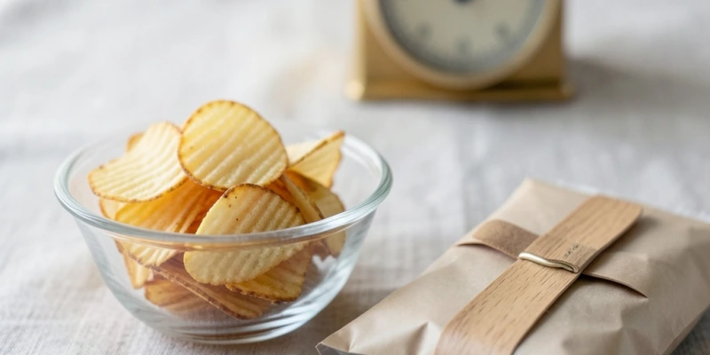 Eine kleine Glasschüssel mit etwa 30g Chips, daneben die geschlossene Tüte – symbolisch für bewusstes Portionieren statt direktes Essen aus der Packung