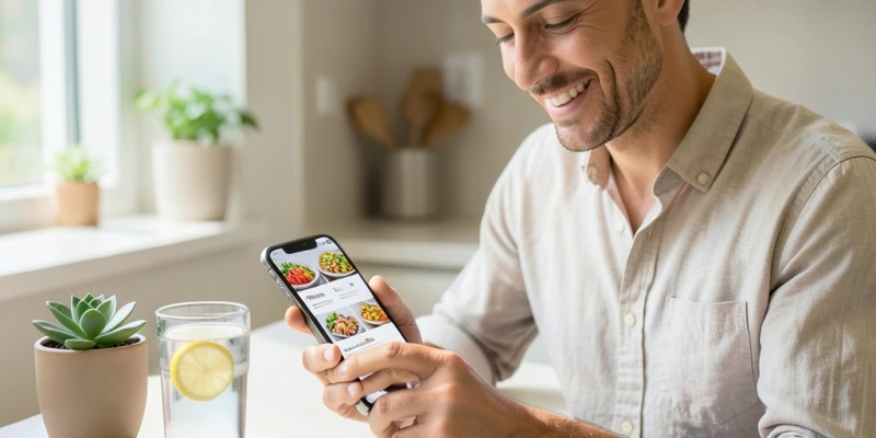 Eine Person am Handy, die einen Restaurantmenüplan anschaut – entspannte Atmosphäre, keine Stressanzeichen, daneben ein Glas Wasser – Planung vor dem Essen als normaler Teil des Alltags
