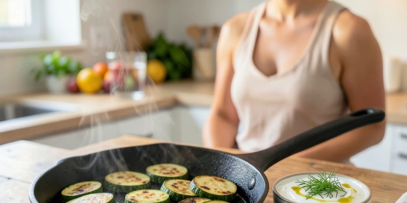Eine Pfanne mit angebratenen Zucchinischeiben, daneben eine Schüssel mit Joghurt-Dip – als Beispiel für eine einfache Kombination aus wasserreichem Gemüse und proteinreicher Komponente.