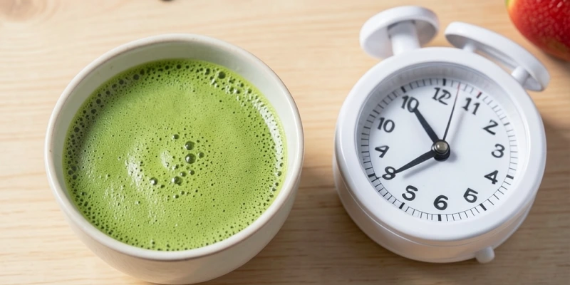 Eine Tasse Matcha neben einem kleinen Timer – als Symbol für L-Theanin-Koffein-Kombination und länger anhaltende Wachheit vs. Koffeinspitze beim Kaffee
