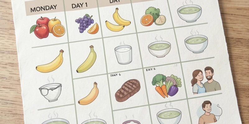 Eine Wochentabelle der Kohlsuppen-Diät mit den täglichen Lebensmittelerlaubnissen – z. B. Tag 1 nur Obst, Tag 4 Bananen und Milch, Tag 6 Fleisch und Gemüse – visuell zeigt die Strenge und Einseitigkeit der Struktur.