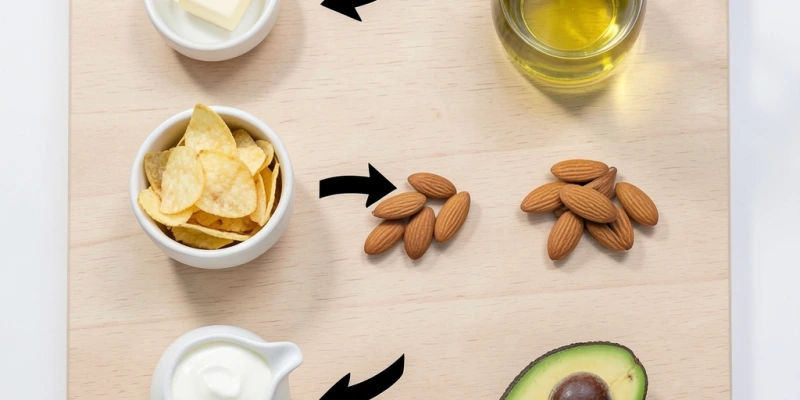 Einfache Austauschliste: Butter → Olivenöl, Chips → Mandeln, Sahne → Avocado – als klare visuelle Gegenüberstellung