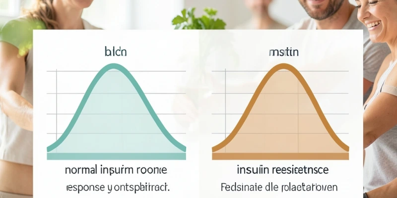 Einfache Grafik: Blutzuckerkurve nach einer Mahlzeit – einmal mit normalem Insulinansprechen (sanfter Anstieg und Abfall) und einmal mit Insulinresistenz (höherer Anstieg, verzögerter Abfall, längere Insulinerhöhung)