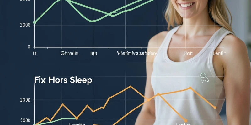 Einfache Grafik: Verlauf von Hunger (Ghrelin) und Sättigungsempfinden (Leptin) über den Tag bei 8 Stunden Schlaf vs. 5 Stunden Schlaf – Ghrelin-Kurve bei Schlafmangel deutlich erhöht, Leptin-Kurve abgeflacht