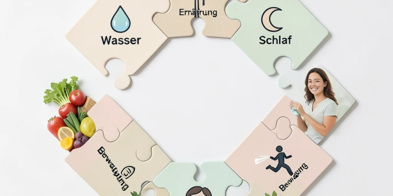 Einfache Grafik: Wasser als ein Puzzleteil unter mehreren – neben Ernährung, Schlaf, Bewegung, Stressmanagement – keines übergroß, alle gleichwertig dargestellt.