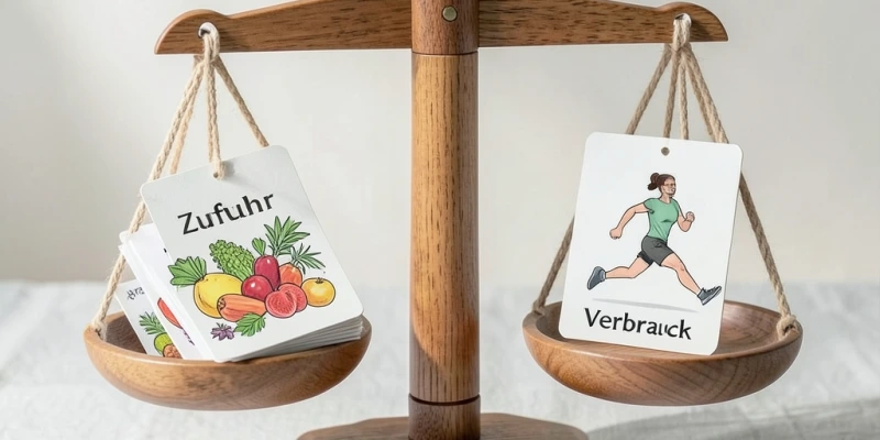 Einfache Skizze einer Waage: links „Zufuhr", rechts „Verbrauch" – leicht nach rechts geneigt als Symbol für ein kleines Defizit, nicht stark ausgeschlagen