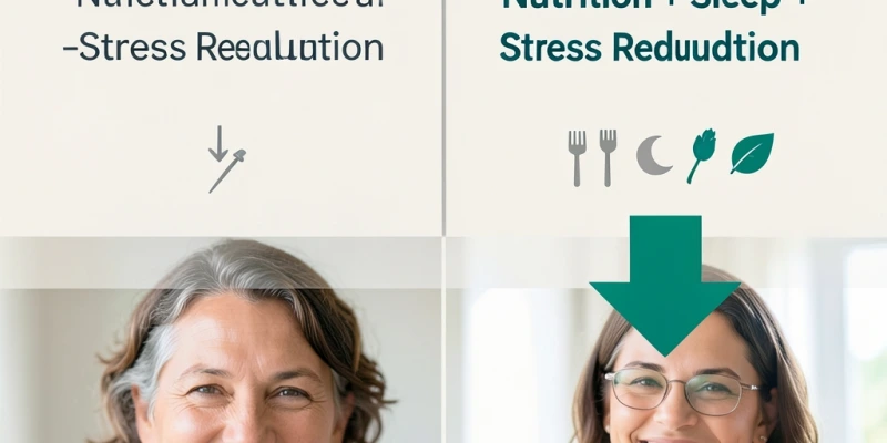 Einfache Übersichtsgrafik: Links „Akupunktur allein" mit kleinem Pfeil nach unten, rechts „Akupunktur + Ernährungsanpassung + Schlaf + Stressreduktion" mit größerem Pfeil – zeigt den Unterschied zwischen isoliertem Einsatz und integriertem Ansatz
