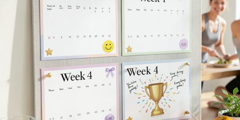 Einfacher Kalenderplan für 4 Wochen mit markierten kleinen Belohnungen (Woche 1–4) und einem größeren Symbol am Ende von Woche 4