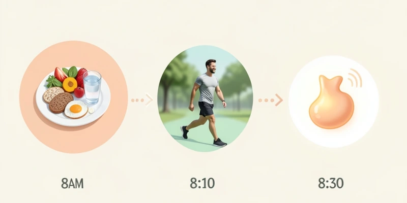 Einfacher Tages-Ablauf als Zeitstrahl: Mahlzeit → 10 Minuten Spaziergang → Sättigungssignal – visuell als Routine dargestellt