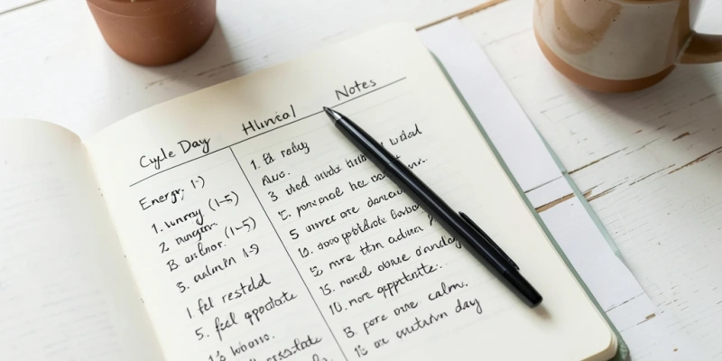 Einfaches Zyklus-Tagebuch-Beispiel auf einer Seite – Spalten für Zyklustag, Energie (1–5), Hunger (1–5), Stimmung (1–5), kurze Notiz – ohne Kalorientracking