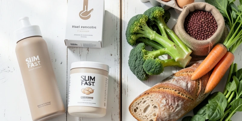 Einkaufskorb im Vergleich – links: Slim Fast Produkte (Shakes, Riegel, Packungen); rechts: gleichwertiger Wocheneinkauf an frischen Zutaten (Hülsenfrüchte, Eier, Gemüse, Vollkornprodukte) – visueller Vergleich Kosten und Volumen