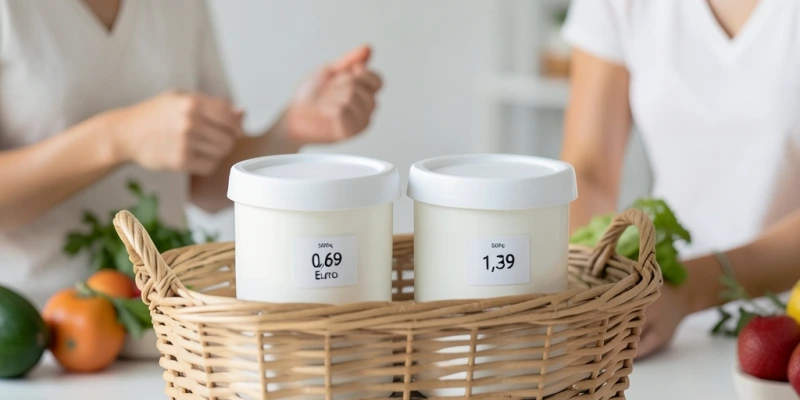 Einkaufskorb mit sichtbarem Magerquark-Becher (500 g, Preisschild ~0,69 €) und Skyr-Becher (500 g, Preisschild ~1,39 €) nebeneinander – mit neutralem Hintergrund, kein Markenname sichtbar