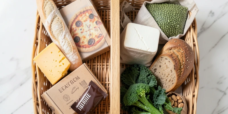 Einkaufskorb mit typischen vegetarischen Einkäufen – links: Käse, Weißbrot, Fertigpizzas, Schokolade; rechts: Linsen, Tofu, Vollkornbrot, Gemüse, Nüsse – selbes Budget, sehr unterschiedliche Nährstoffprofile