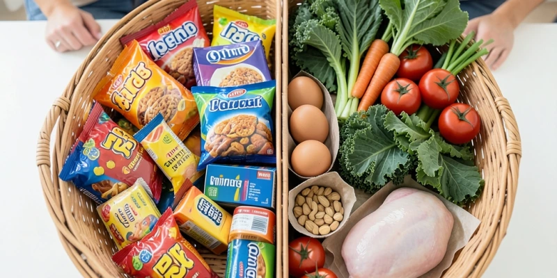 Einkaufskorb von oben: links stark verarbeitete Produkte (Tüten, Fertiggerichten, Süßigkeiten); rechts frische, erkennbare Lebensmittel (Gemüse, Eier, Nüsse, Fleisch) – kein Wertungstext, nur visuelle Gegenüberstellung